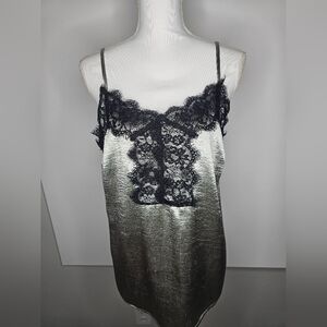 Y2K Mint Metallic Silver Lace Cami Top Large Lingerie Style Grunge Clubwear